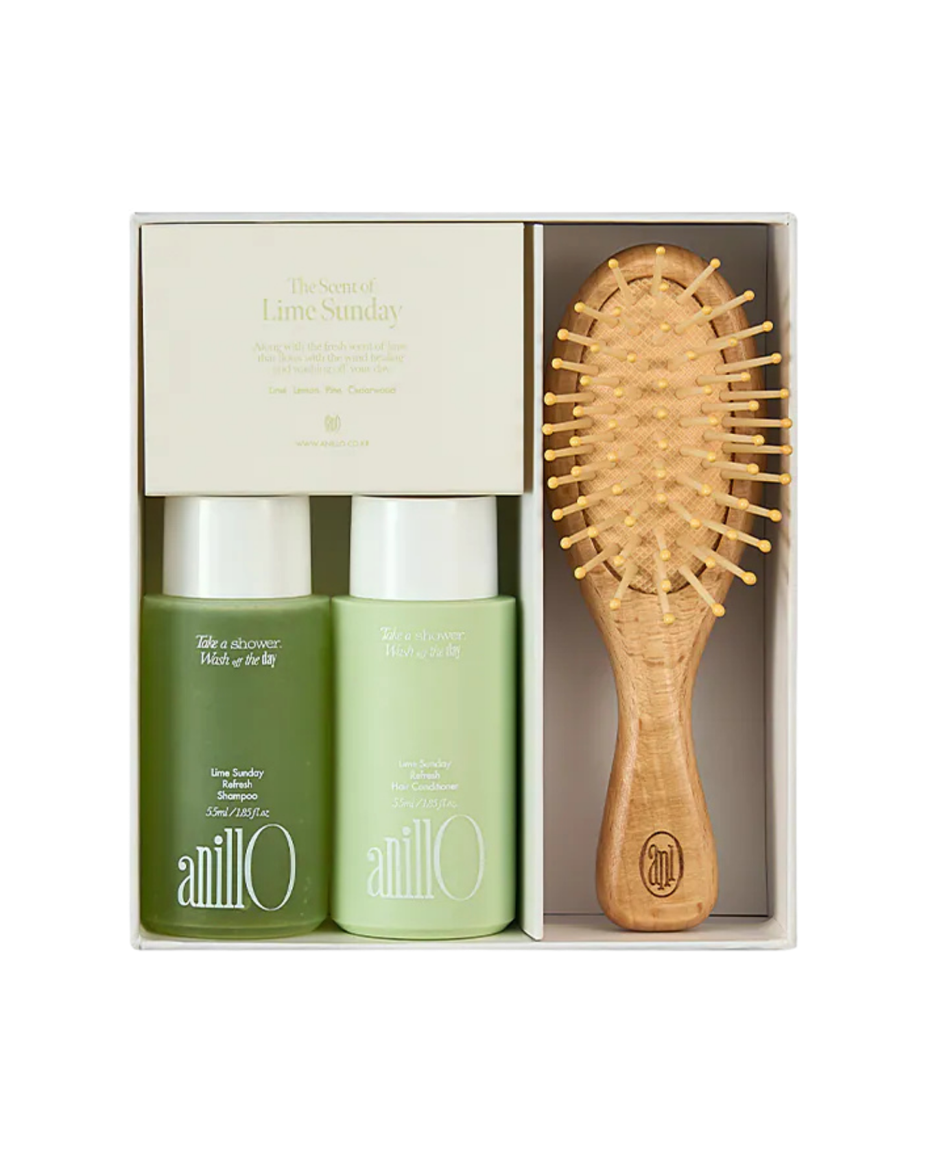 AnillO Lime Sunday Refresh Hair & Brush Set – plaukų priežiūros rinkinys su šepečiu AnillO Lime Sunday Refresh Hair & Brush Set – plaukų priežiūros rinkinys su šepečiu - Image 1